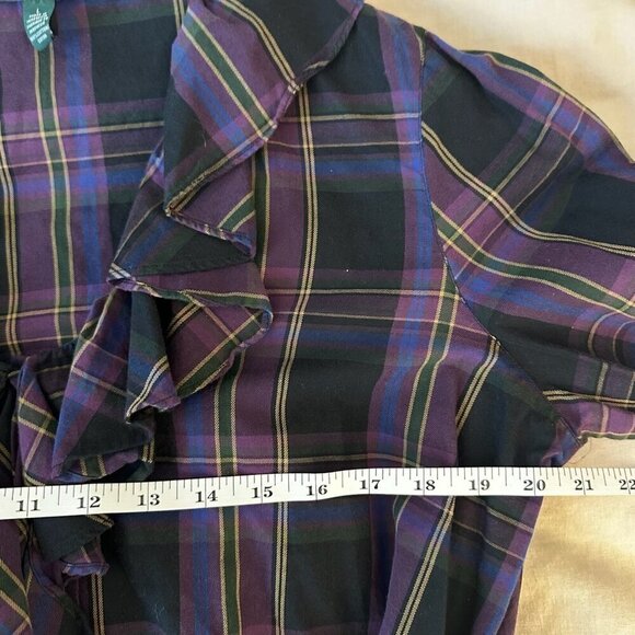 Lauren Ralph Lauren Button Up Blouse Sz L Purple Plaid Ruffle Preppy Academia - Picture 10 of 11